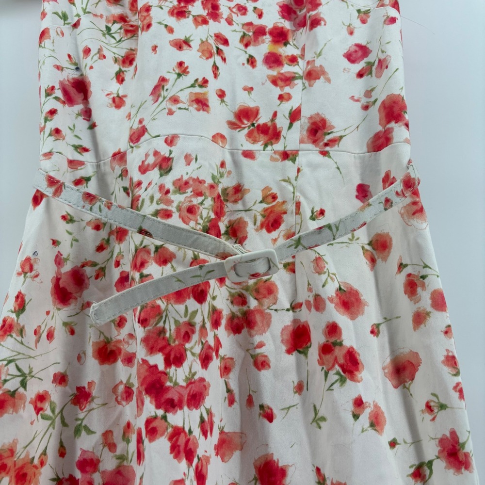David‎ Meister Women Dress 6 White Floral Belted V-Neck Cap Sleeve Midi Cottage - Picture 10 of 11